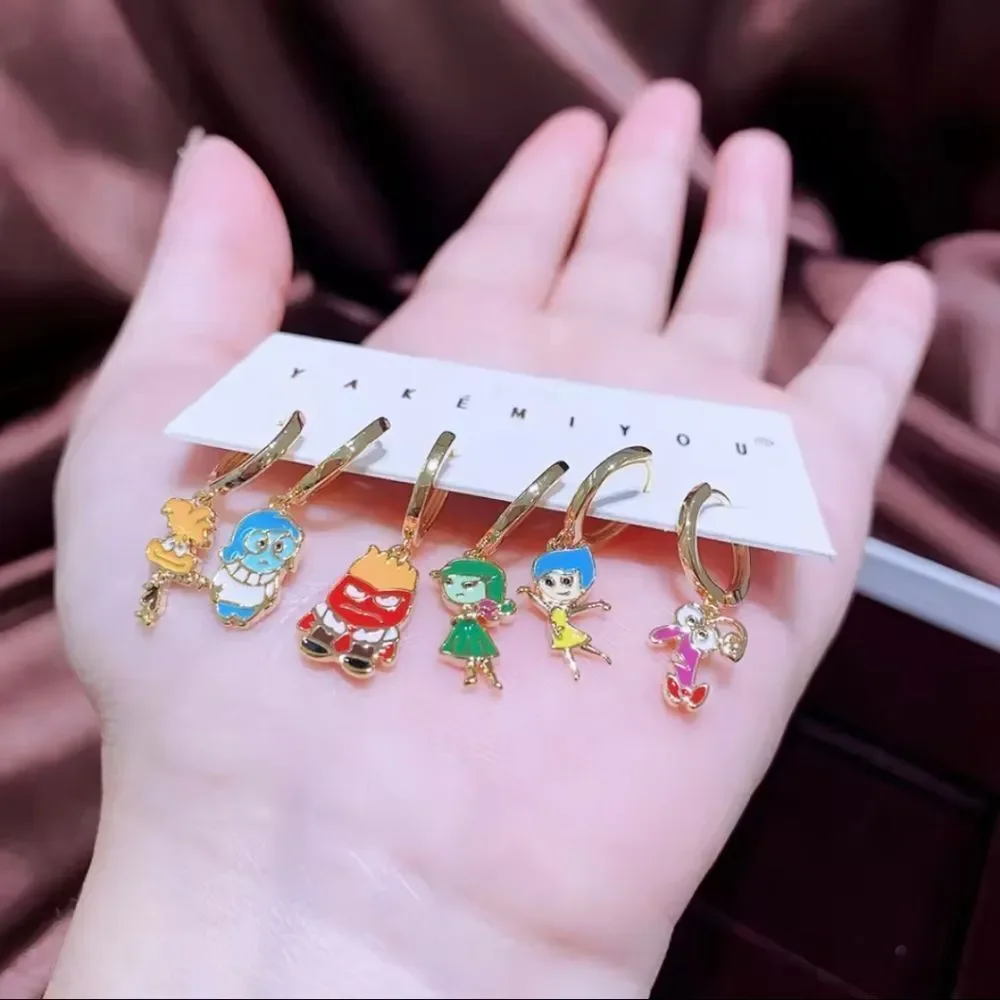 14K Gold Disney Pixar Inside Out 2 Theme Stud Mismatched Huggie Hoop Ear…